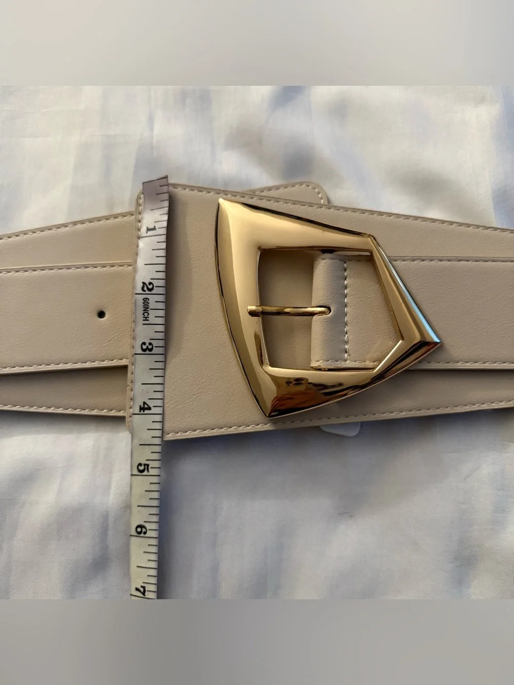 Beige wide PU leather elastic waistband belt with gold tone buckle